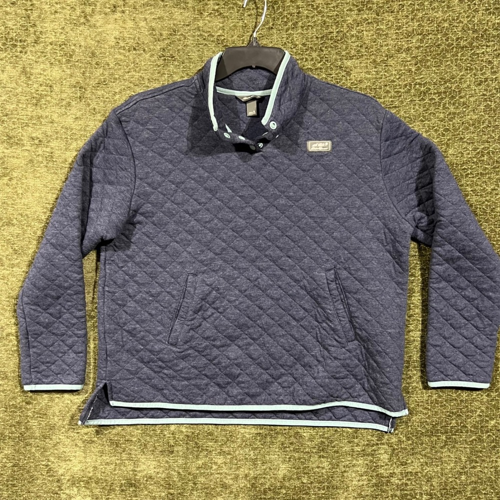 Eddie Bauer Quilted Pullover Women XL Navy Blue Snap Neck Kangaroo EBW32LK169P